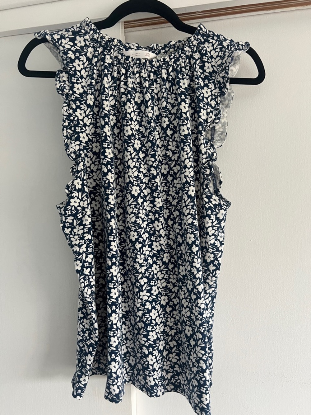 Lauren Conrad navy floral sleeveless top with ruffled cap sleeves